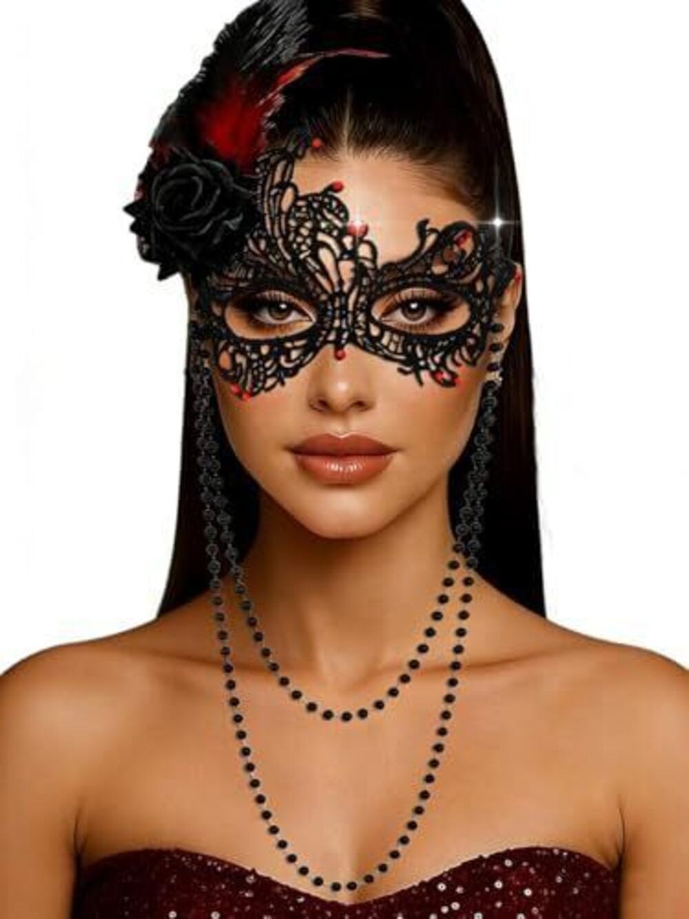 6411 Feather Masquerade Mask Rhinestone Luxury Lace Masks Venetian Pearl